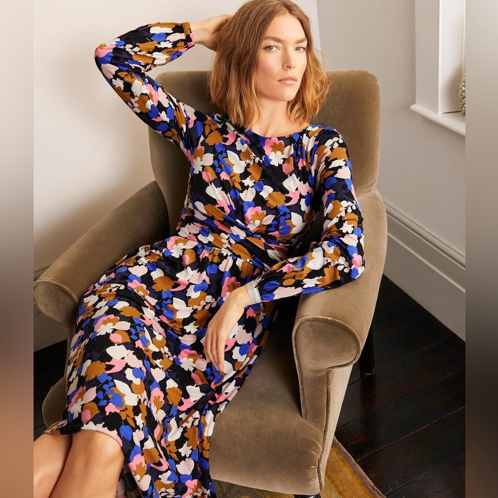 NWOT Boden Twisted Waist Jersey Dress, Long Sleeve Floral Print Midi, Size 6